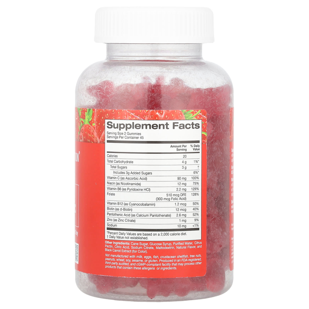 California Gold Nutrition, жевательная добавка с витаминами группы B, витамином C и цинком, натуральный клубничный вкус, 90 вегетарианских жевательных таблеток