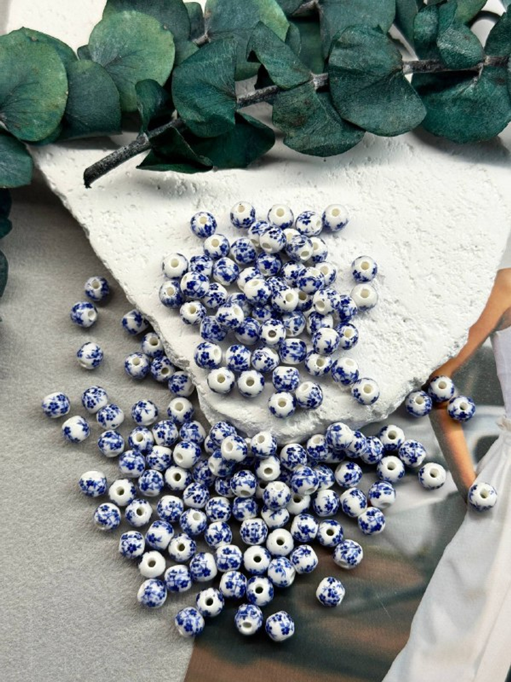 Керамические бусины, 6 мм, «Гжель», темно-синий, 50 штук