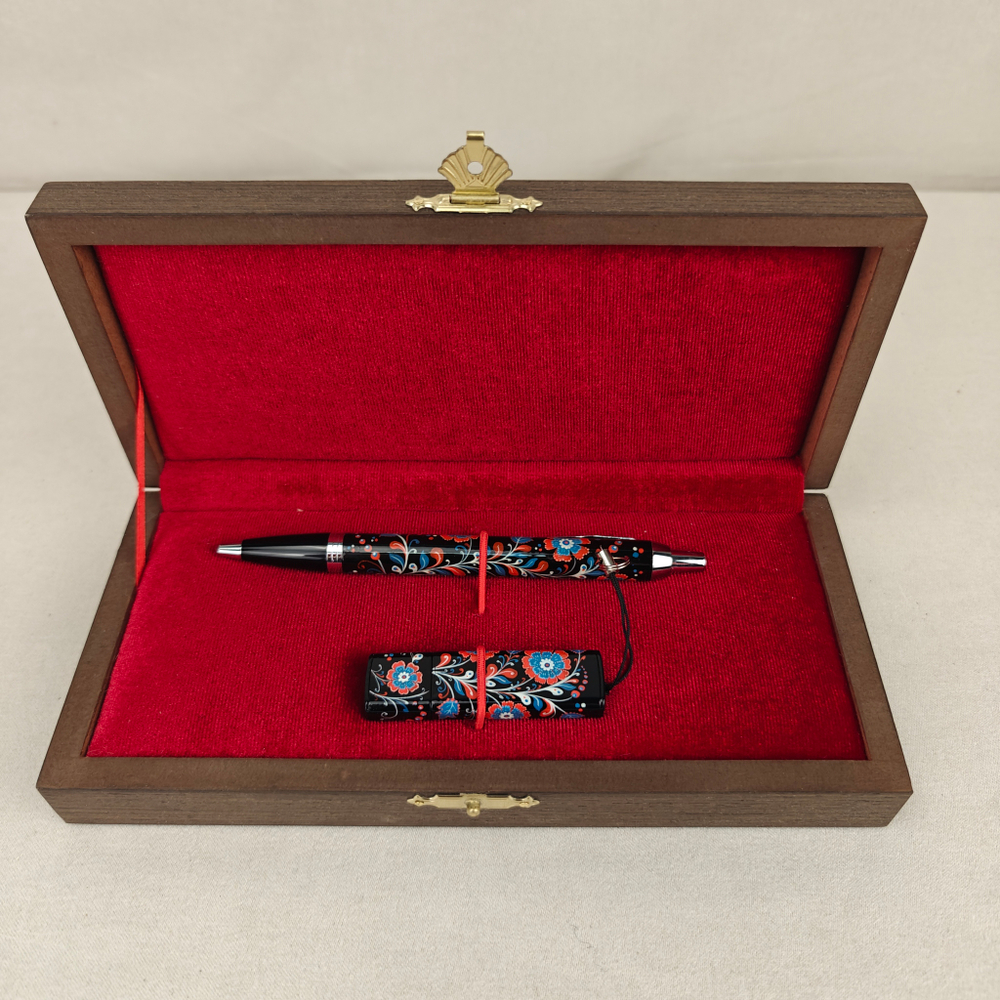 Набор "Цветы России" флешка и ручка Parker с ручной росписью Палех в футляре
