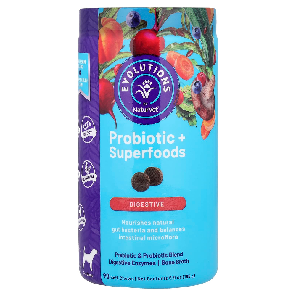 NaturVet, пробиотики и суперфуды, для пищеварения, для собак, 90 жевательных таблеток, 198 г (6,9 унции)