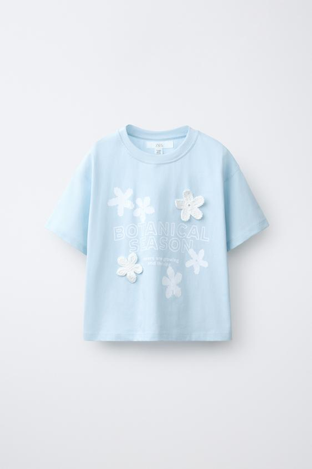 ZARA ФУТБОЛКА С ЦВЕТОЧНЫМ КРОШЕ, ГОЛУБОЙ