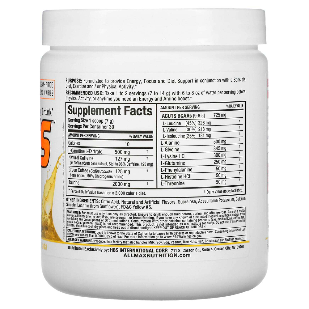 ALLMAX, ACUTS™, энергетический напиток с аминокислотами, со вкусом пина колады, 210 г (7,4 унции)