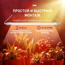 Светильник для растений, фитолампа светодиодная линейная ЭРА FITO-9W-Rа90-Т8+FITO-Holder IP65 2хG13 с выключателем, 1.5м