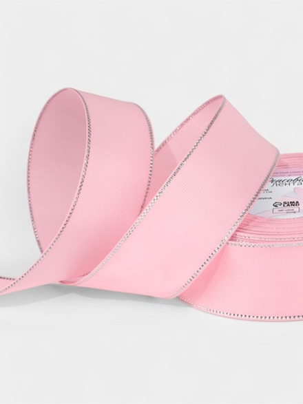 Лента репсовая, с серебряным люрексом, 40 мм, светло-розовая №004, 10508036