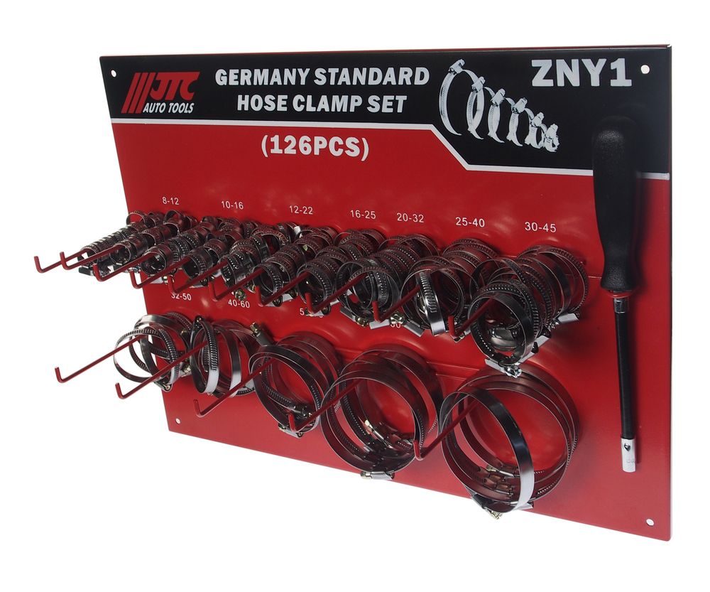 Хомут ленточный ZN12-ZN90 червячный (нержавеющая сталь) с гибким воротком 7мм (стенд) 126 предм. JTC