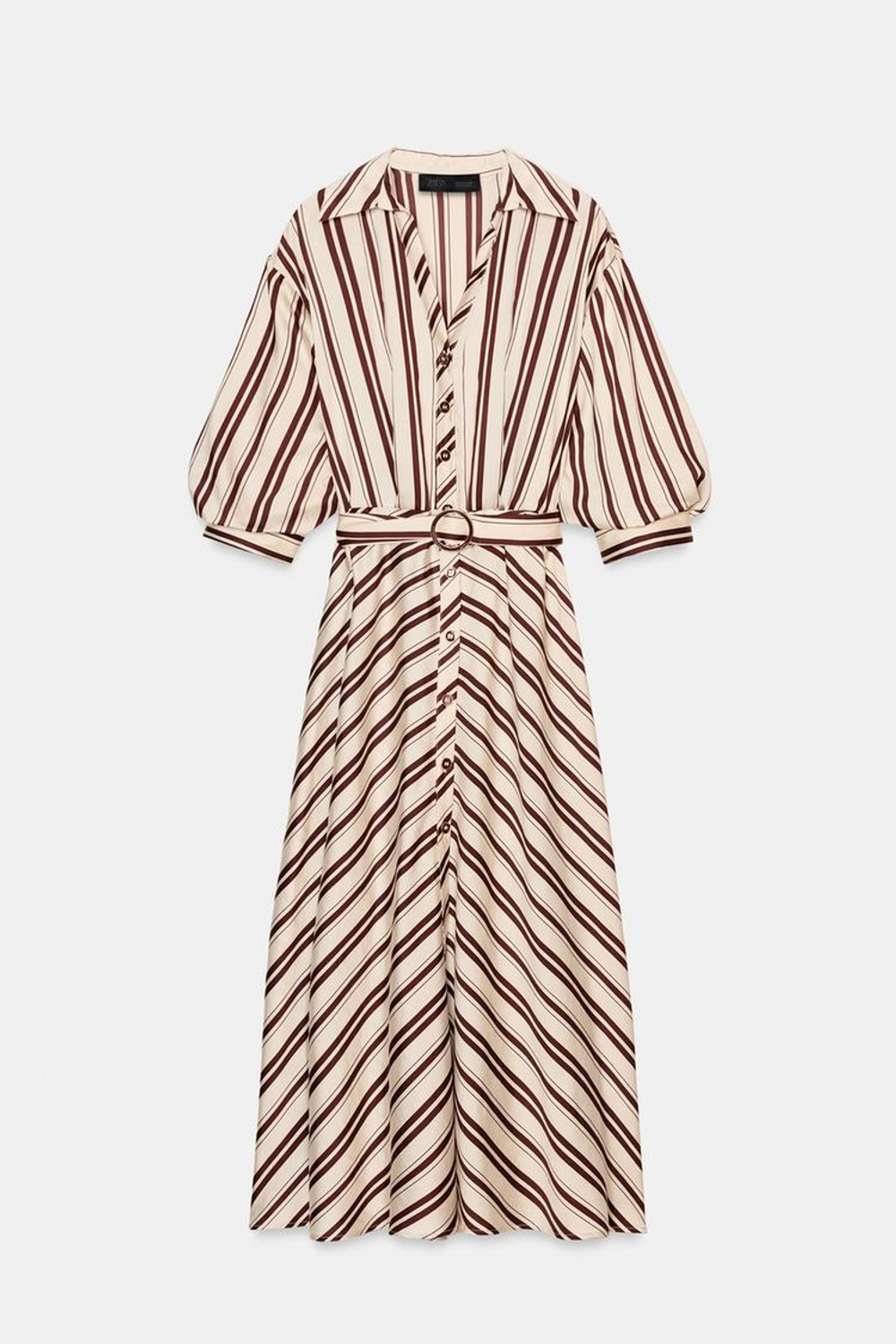 ZARA ПЛАТЬЕ МИДИ В ПОЛОСКУ С РЕМНЕМ, ЭКРЮ/ГРАНАТОВЫЙ