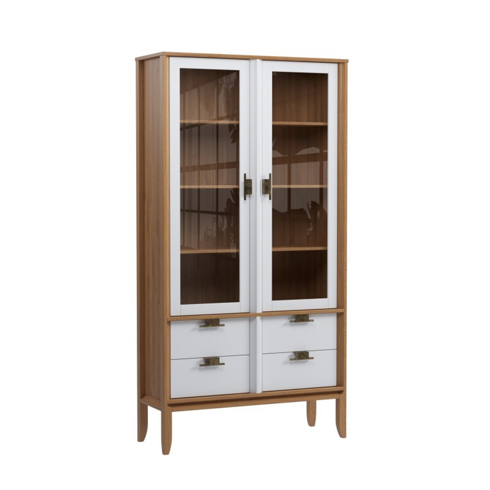 Шкаф для посуды «Бридж» широкий с 2-мя стеклянными дверями и 4-мя ящиками браун/белый лак