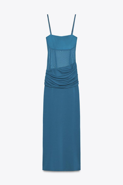 ZARA ДЛИННОЕ КОМБИНИРОВАННОЕ ПЛАТЬЕ, СИНИЙ