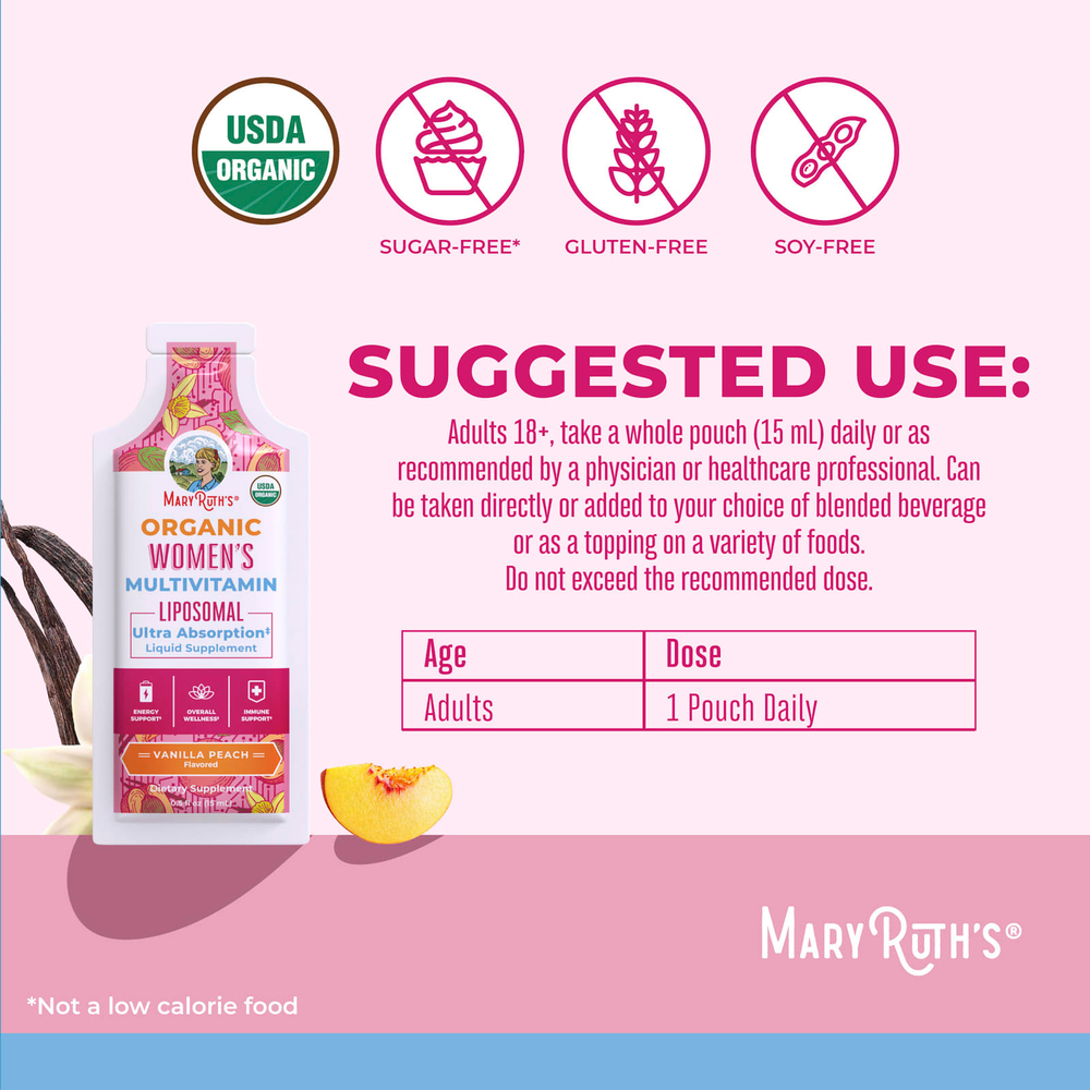 MaryRuth's, органические липосомальные мультивитамины для женщин, со вкусом ванили и персика, 14 пакетиков по 15 мл (0,5 жидк. унции)