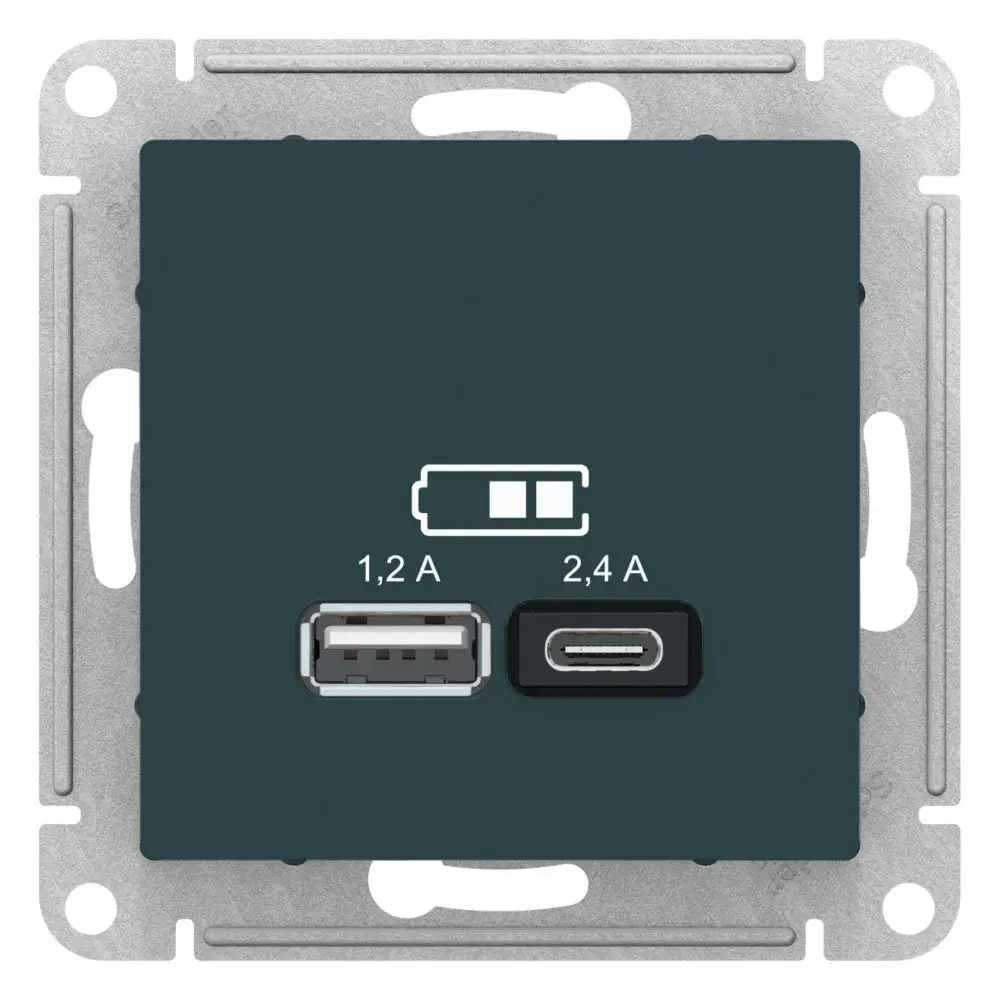 ATLASDESIGN USB РОЗЕТКА А+С, 5В/2,4А, 2х5В/1,2А, механизм, ИЗУМРУД