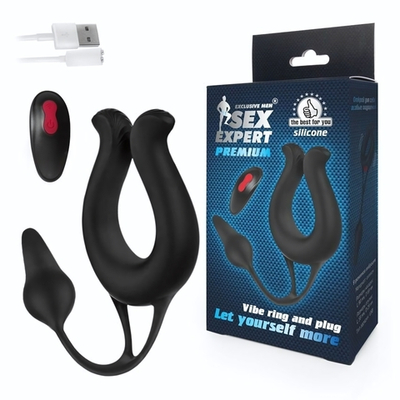 Черная вибронасадка Sex Expert с анальной втулкой (Цвет: черный)
