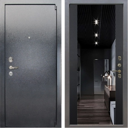 Входная металлическая дверь с зеркалом Лекс 3 БАРК Серый букле  117 Большое зеркало Кварц черный