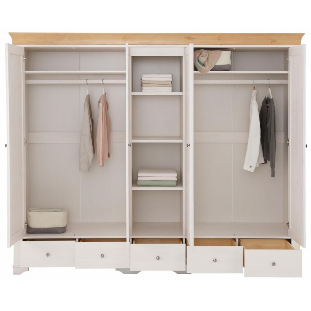 Шкаф 5-ти дверный с 4 глухими дверями 1 зеркальной дверью «Бейли» белый воск