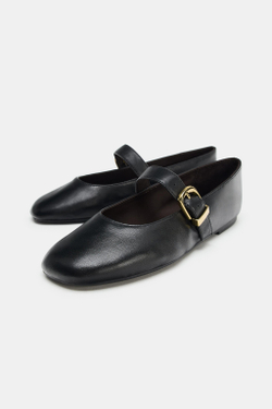 ZARA КОЖАНЫЕ БАЛЕТКИ С ПРЯЖКОЙ, ЧЕРНЫЙ