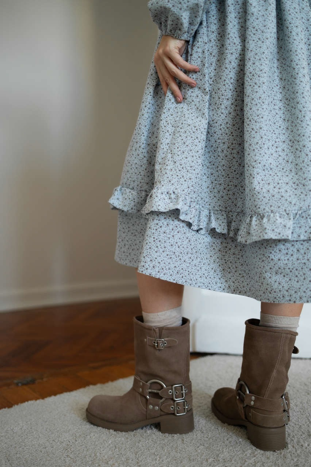 Платье Ася из фланели для беременных и кормящих мам, Серо-голубой с кофейными цветами