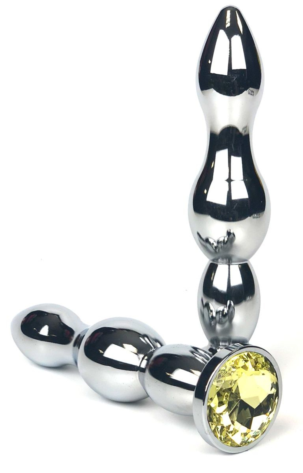 Серебристая металлическая анальная пробка-ёлочка с желтым кристаллом - 12 см. (Цвет: желтый)