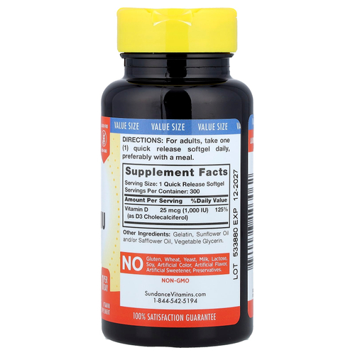 Sundance Vitamins, Высокоэффективный витамин D3, 25 мкг (1000 МЕ), 300 капсул быстрого высвобождения