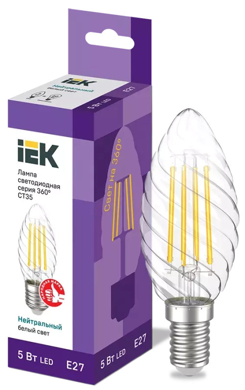 Лампа светодиодная CT35 свеча вит. 5Вт 230В 4000К E27 серия 360° IEK LLF-CT35-5-230-40-E27-CL