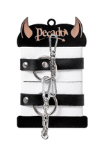 Бело-черные кожаные наручники с одним ремешком с люверсами