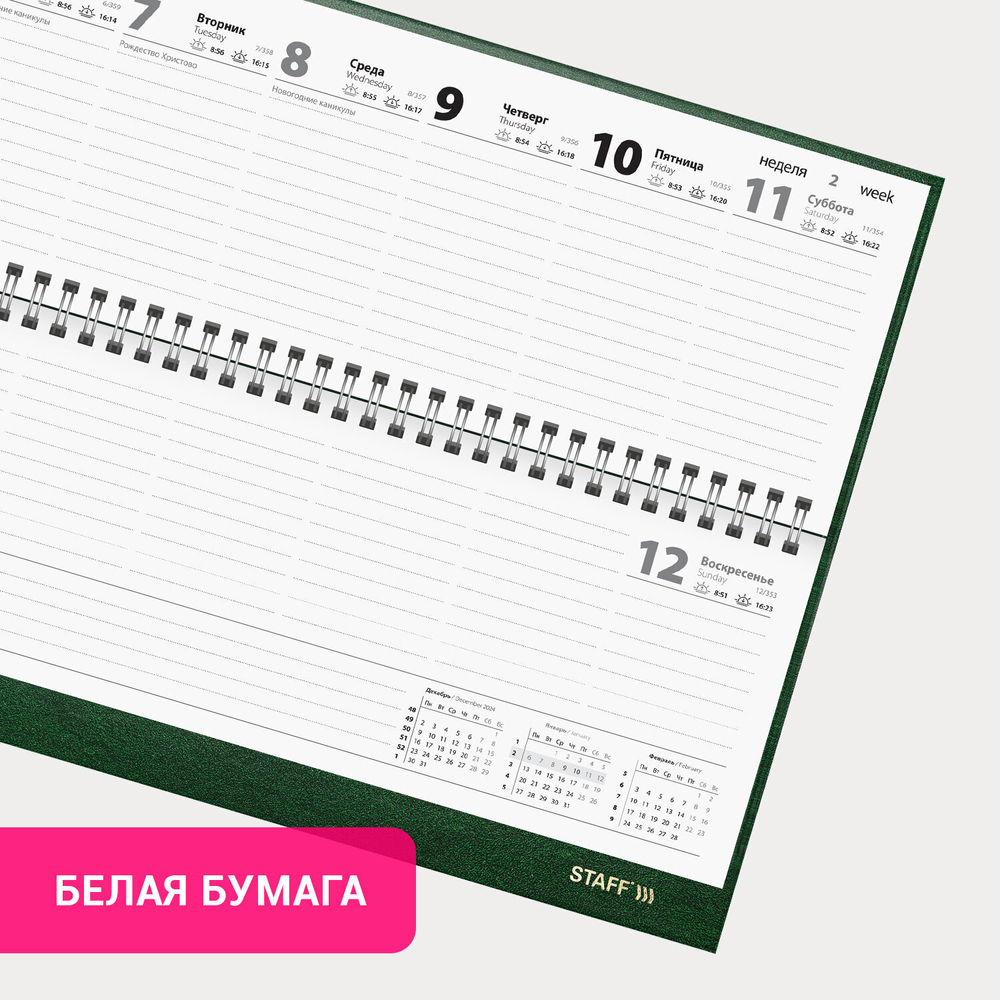 Планинг датированный 2025 300х130 мм STAFF гребень обложка бумвинил 64 л. зеленый (3 штуки в упаковке)