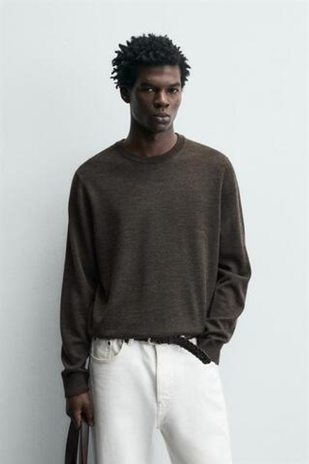 ZARA ШЕРСТЯНОЙ СВИТЕР КЛАССИЧЕСКОГО КРОЯ, КОРИЧНЕВЫЙ МЕЛАНЖ