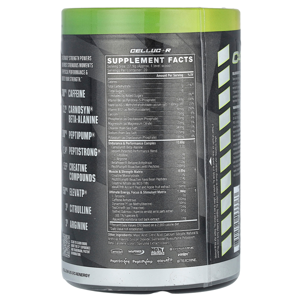 C4 / Cellucor, C4 Ultimate Strength, предтренировочный комплекс, кислое зеленое яблоко, 558 г (1,23 фунта)
