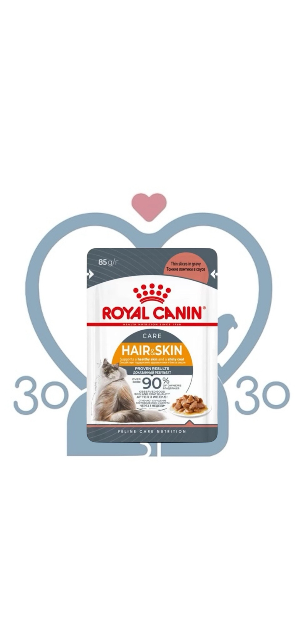 Корм влажный для взрослых кошек Royal Canin Hair&Skin Care для поддержания здоровья кожи и красоты шерсти, тонкие ломтики в соусе, пауч, 85г