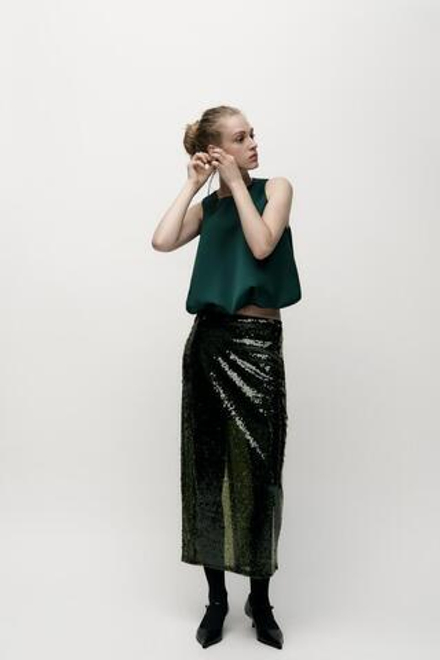 ZARA АТЛАСНЫЙ ТОП ОБЪЕМНОГО КРОЯ, БУТЫЛОЧНО-ЗЕЛЕНЫЙ