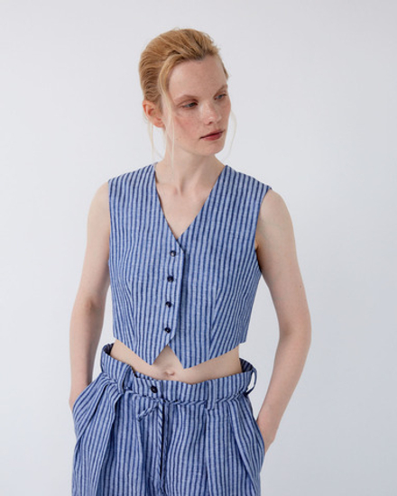 Жилет изо льна Брунелло Кучинелли в полоску синий/голубой