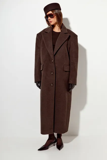 Пальто с шерстью прямого кроя цвета шоколад