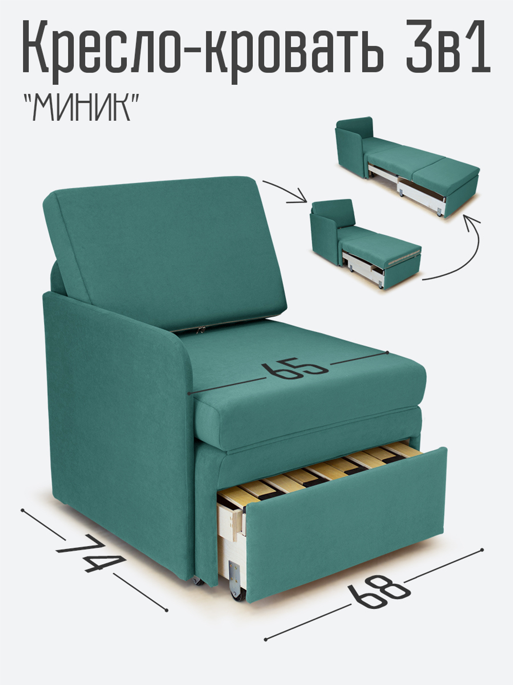 Кресло-кровать "Миник" с правым подлокотником, под правую руку, велюр Dream Mint