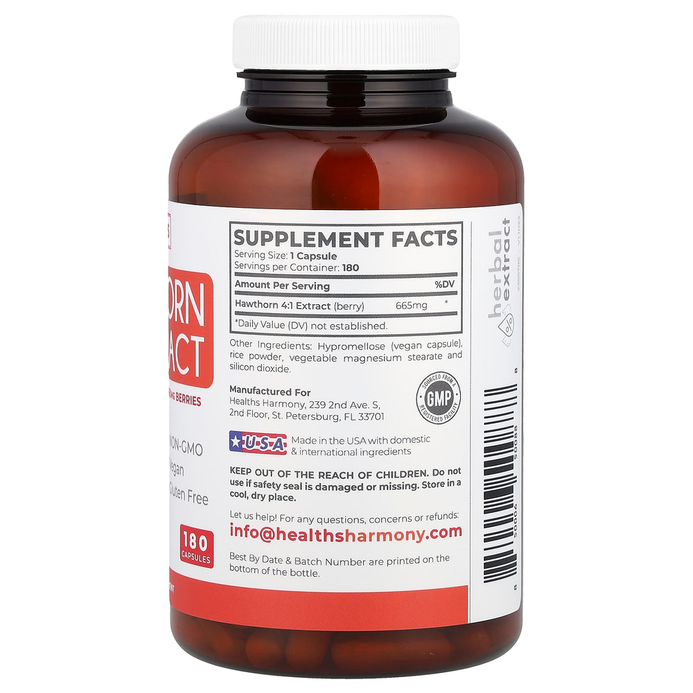 Healths Harmony, Экстракт боярышника 4: 1, 2660 мг, 180 капсул