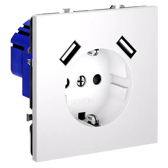 Розетка встраиваемая VOLTUM S70 с заземлением и защитными шторками, 16А, с USB, A+A, (белый матовый) vls040402