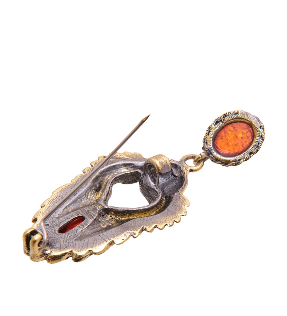 AM-3477 Брошь «Лебедь с подвеской» (латунь, янтарь)