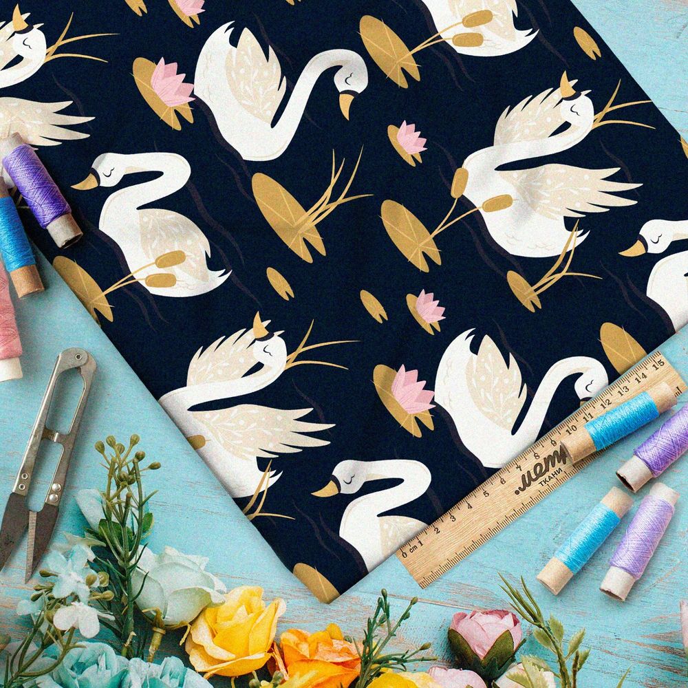Ткань мембрана белые лебеди с кувшинками на чёрном фоне