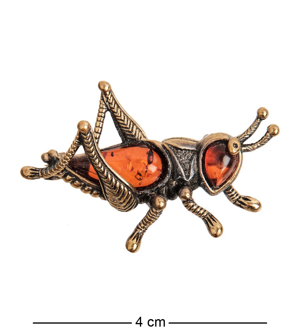 AM-2343 Брошь «Кузнечик Кузя» (латунь, янтарь)