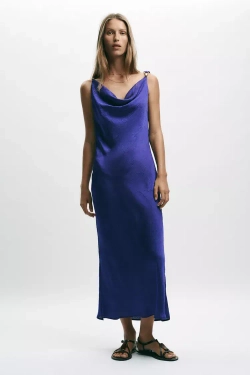 ZARA ПЛАТЬЕ-КОМБИНАЦИЯ МИДИ С ФУРНИТУРОЙ, ЧЕРНИЛЬНО-СИНИЙ