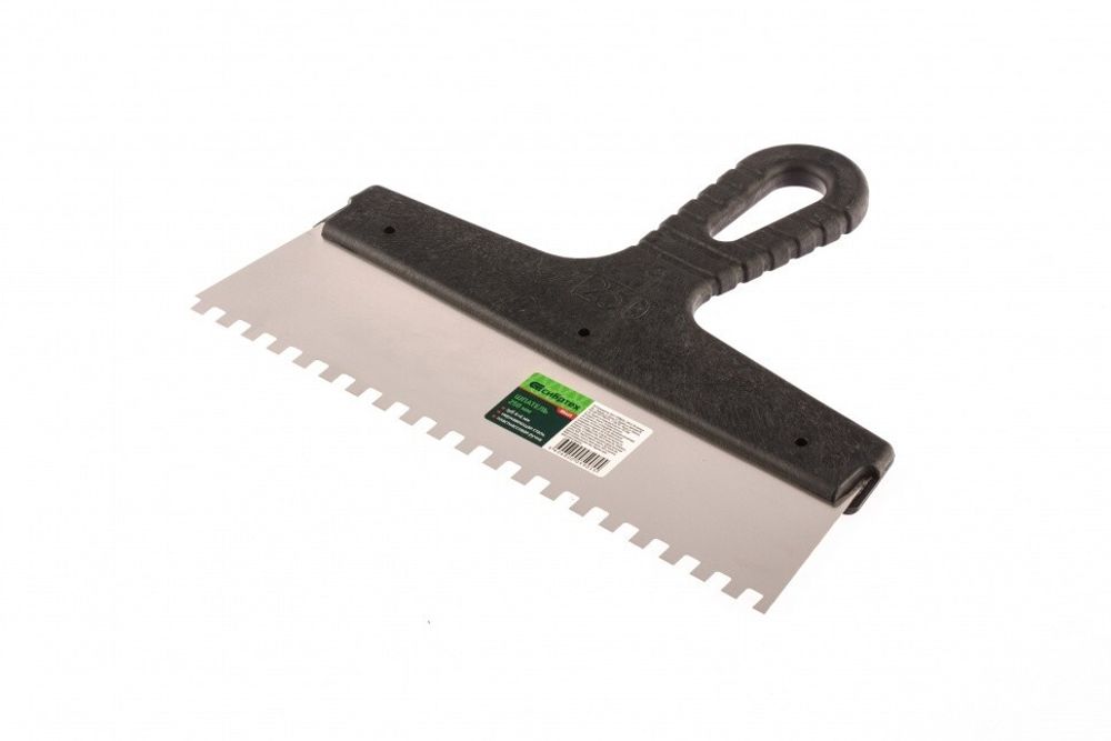 85465 Шпатель из нержавеющей стали, 250 мм, зуб 6х6 мм, пластмассовая ручка Сибртех