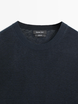 Massimo Dutti Вязаный льняной свитер с круглым вырезом, темно-синий