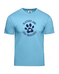 Футболка Blessed and dog obsessed unisex голубая с синим рисунком
