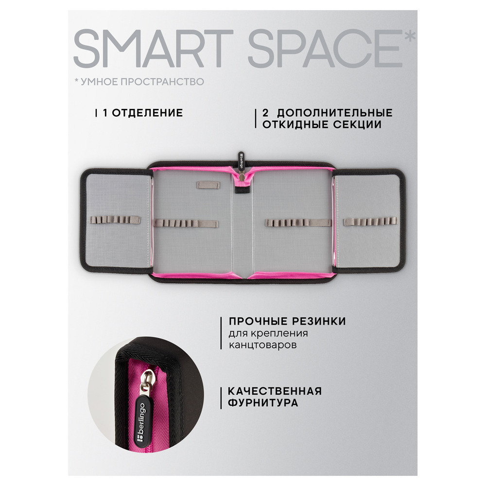 Пенал 1 отделение, 200*140*40 мм, Berlingo "Beauty", 2 дополнительные откидные секции, полиэстер