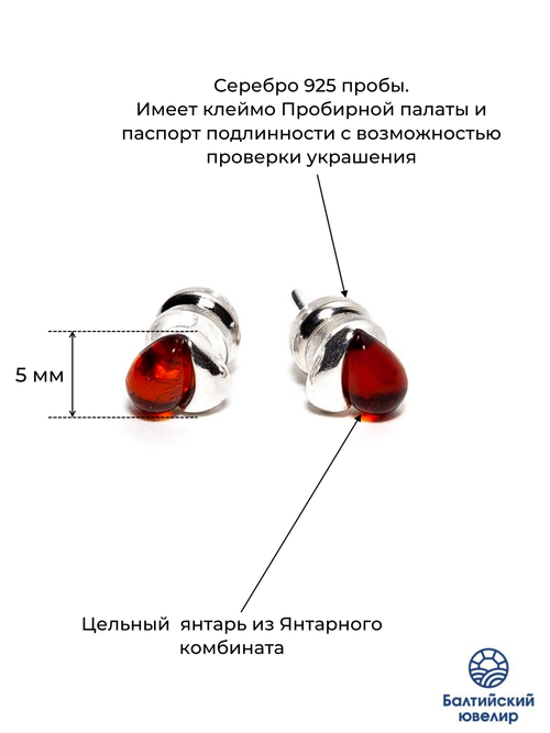 Серьги-гвоздики из серебра 925 с цельным коньячным янтарем. Калининградский янтарь серьги