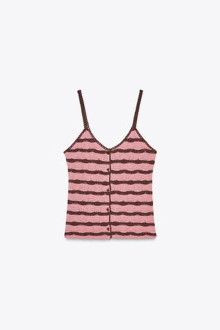 ZARA УКОРОЧЕННЫЙ ПОЛОСАТЫЙ ТОП НА БРЕТЕЛЯХ, РОЗОВАТЫЙ