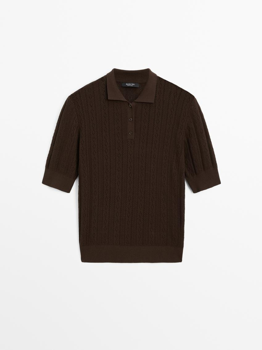 Massimo Dutti Свитер из смесового хлопка с ажурными узорами, шоколадный