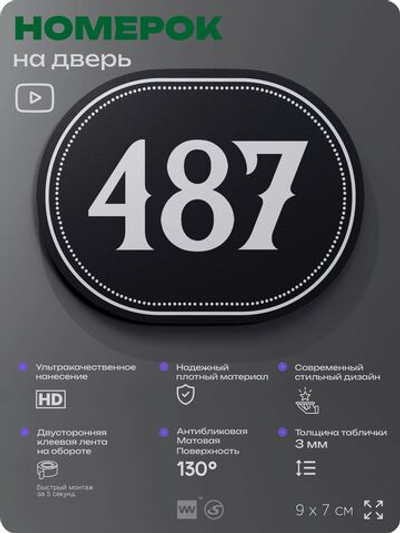 Номерок на дверь квартиры 487, для кабинета, офиса, шильдик 9 х 7 см, черный, Айдентика Технолоджи