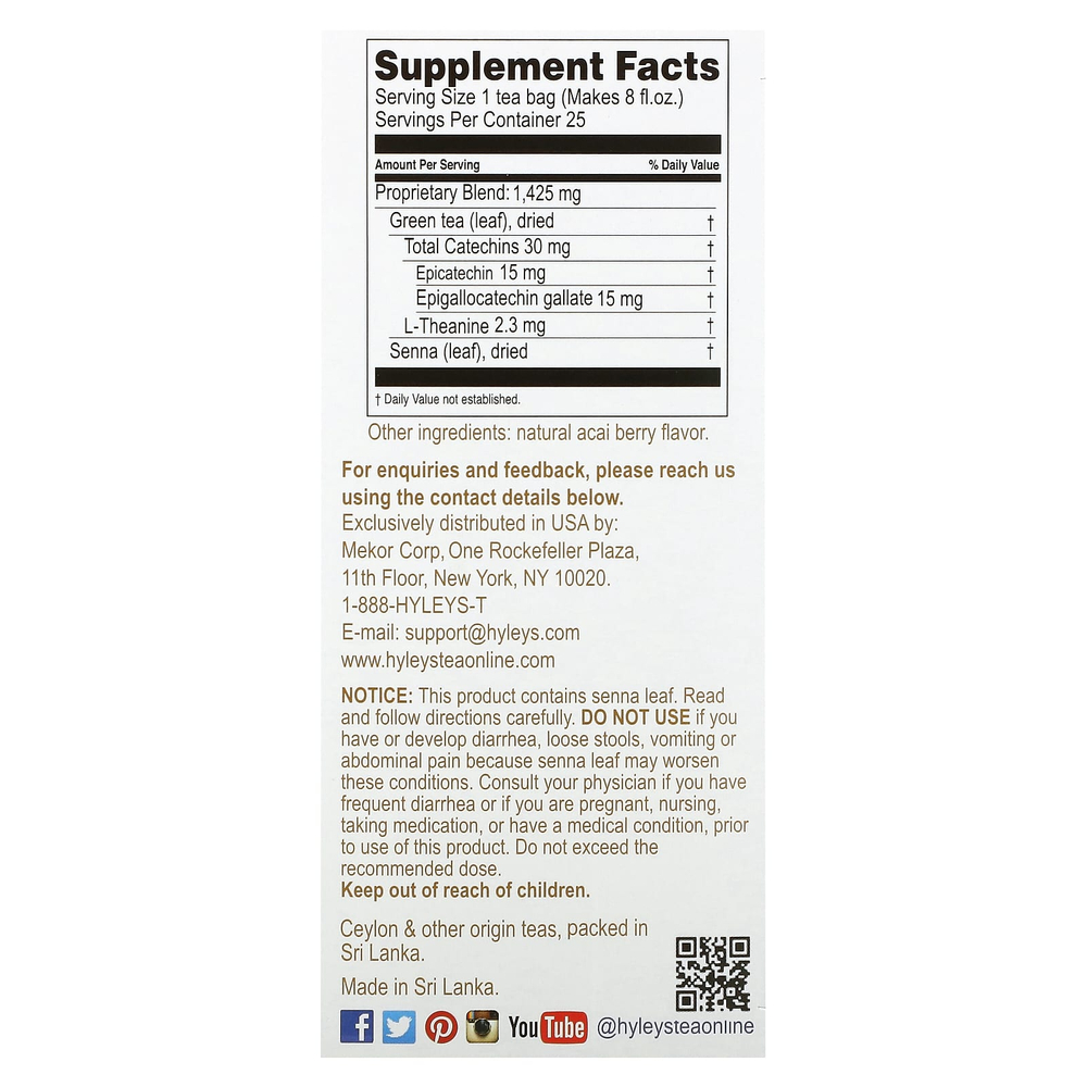 Hyleys Tea, Slim Tea, ягоды асаи, 25 чайных пакетиков в фольгированных пакетиках, по 1,5 г (0,05 унции)