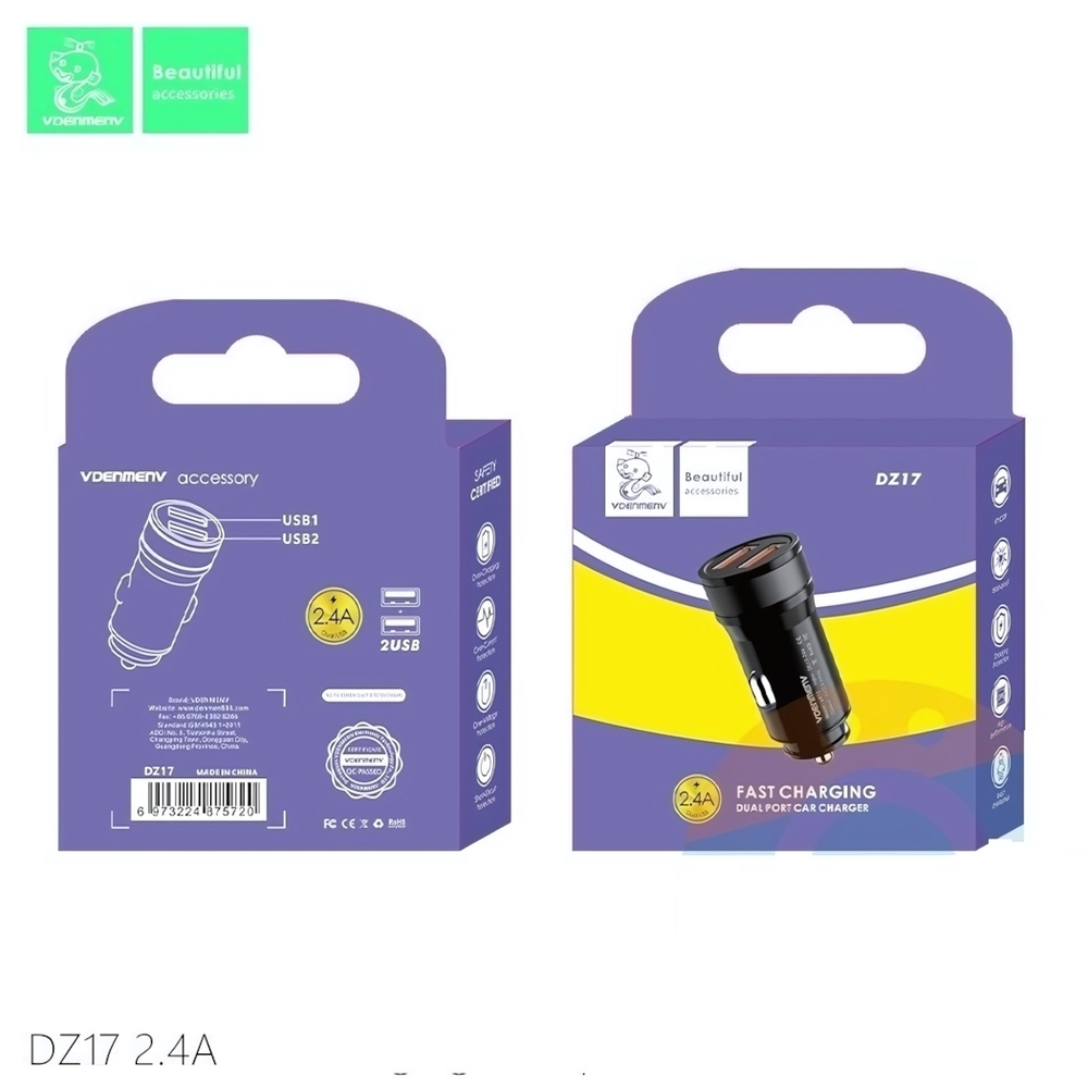 Автомобильное зарядное устройство DENMEN DZ17 2.4A 2xUSB Black