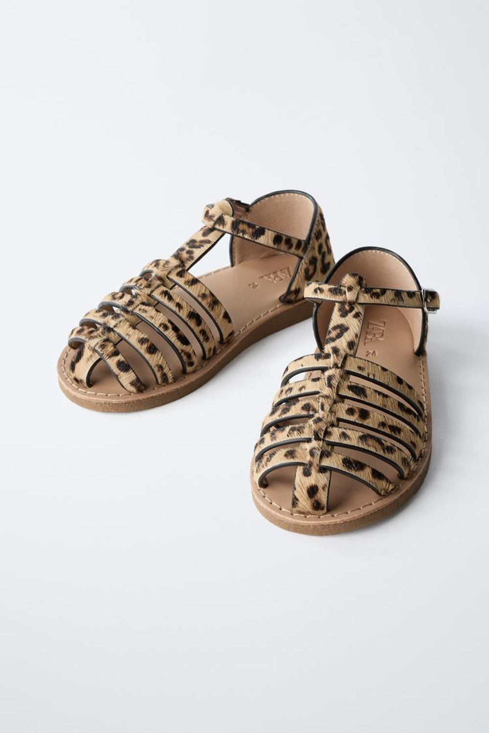 ZARA КОЖАНЫЕ САНДАЛИИ С ПРИНТОМ, ПЕСОЧНО-КОРИЧНЕВЫЙ