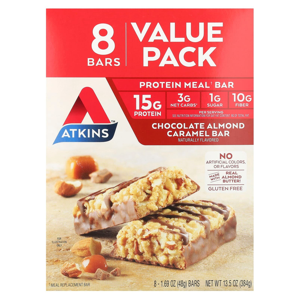 Atkins, Protein Meal Bar, шоколадно-миндальная карамель, 8 батончиков, 48 г (1,69 унции)