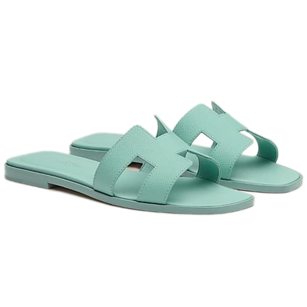 Hermes Oran leather one-line flat heel round head fashion sandals women's sea foam green, H202272Z 08